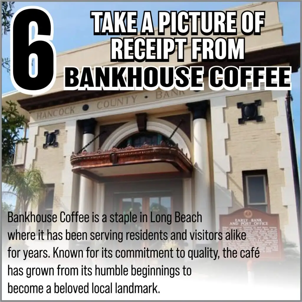 Image of Bankhouse Coffee, a local café in Long Beach, featuring a historic building with prominent architectural details and a sign indicating its significance as a beloved community landmark.