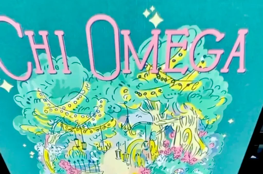 Chi Omega sorority logo illustration featuring whimsical trees and decorative elements, emphasizing community and sisterhood.