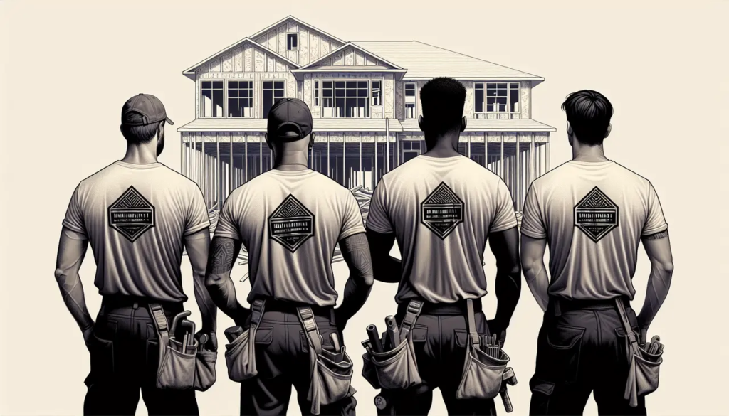 Four construction workers in branded shirts facing a house under construction, symbolizing teamwork and unity in custom apparel.